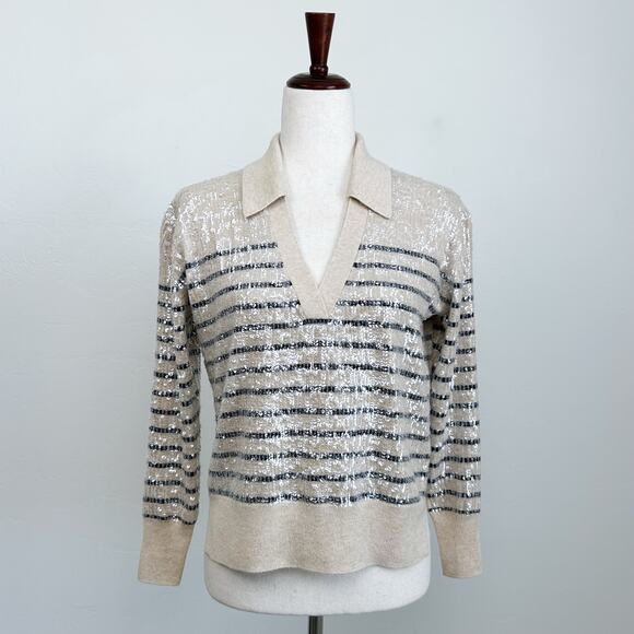 J. Crew Collection Sequin Stripe V-Neck Collared Polo Sweater - Picture 2 of 8